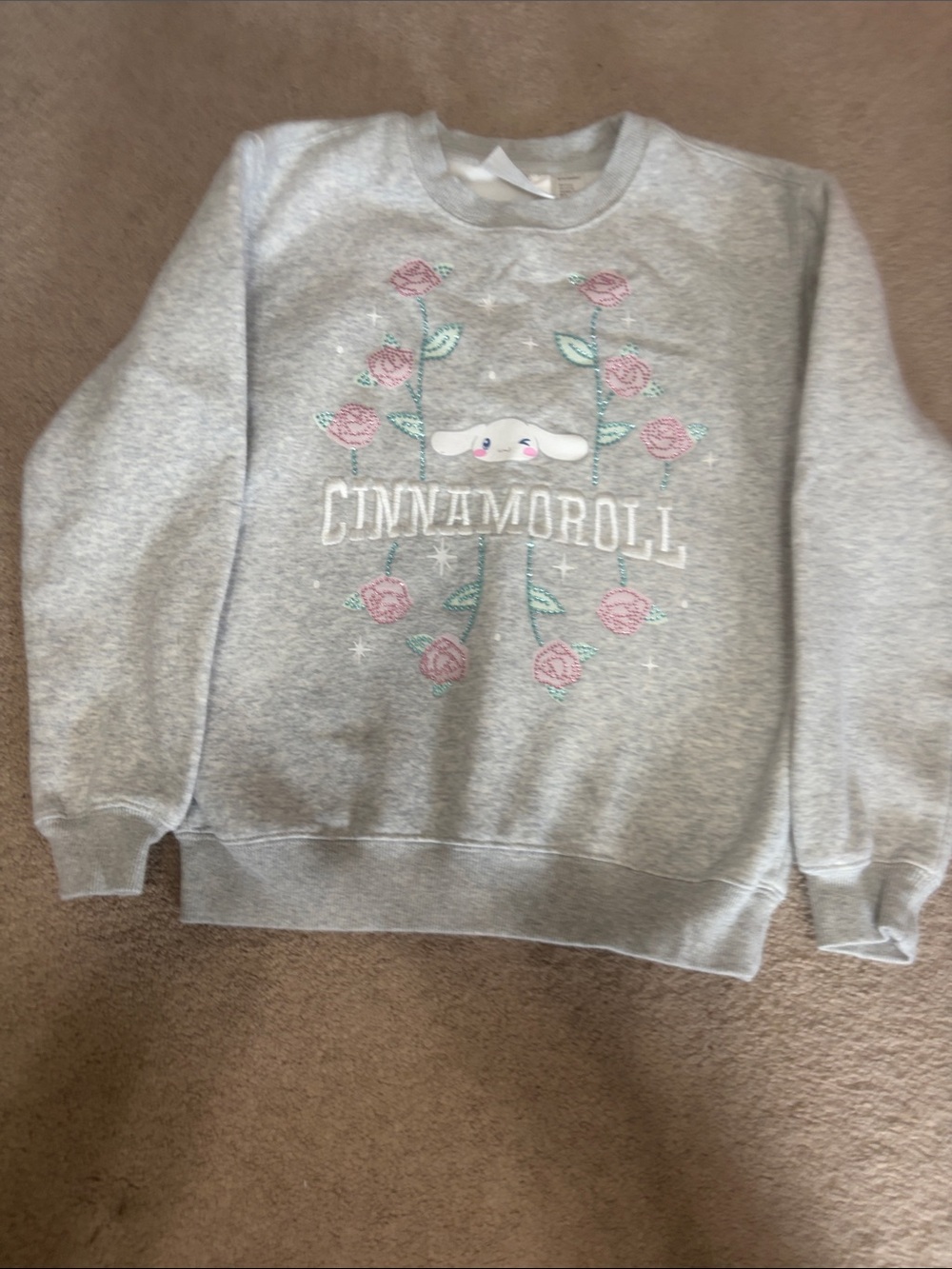 Sanrio Hello Kitty Cinnamoroll light Gray Sweatshirt w/Pink and Aqua Rhinestones